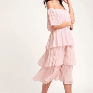 Lulus Gala Ready Blush Pink Off-the-Shoulder Ruffle Midi Dress